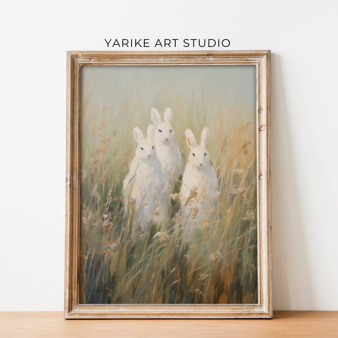 Three White Bunnies in Golden Meadow Grass Wildlife Art Poster - Image 4