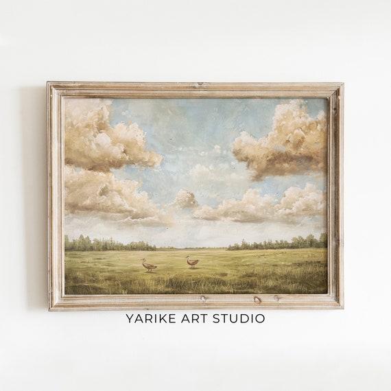 Vintage Country Landscape Painting Rustic Clouds Art Print Neutral Countryside Art Farmhouse Decor 684
