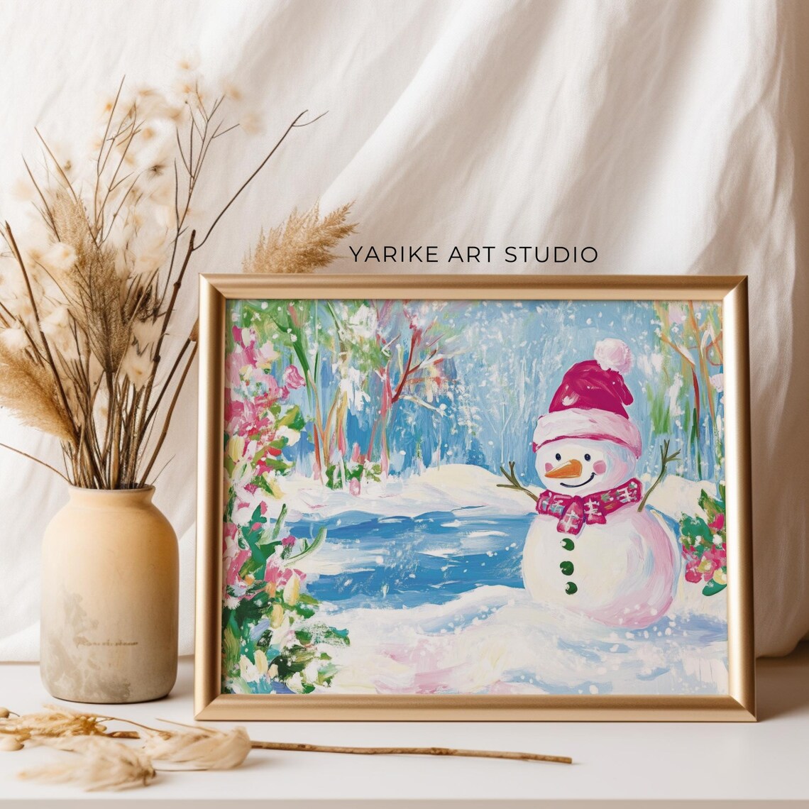 Snowman in Red Santa Hat by Snowy Pond Winter Christmas Poster - Image 2