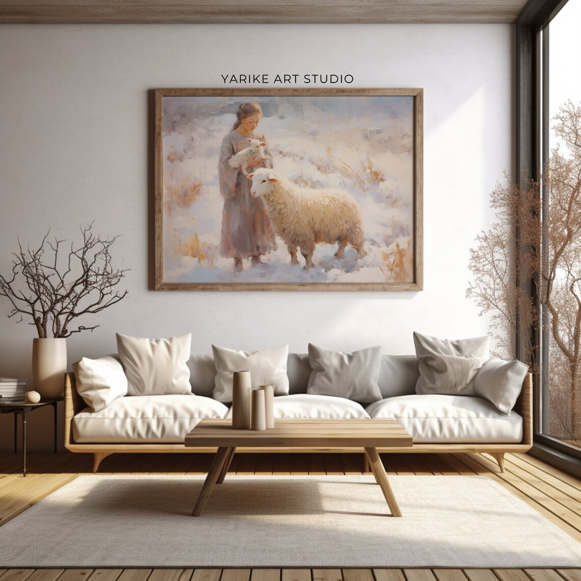 Vintage Girl Holding Lamb With Sheep In Snowy Winter Field Poster - Image 2
