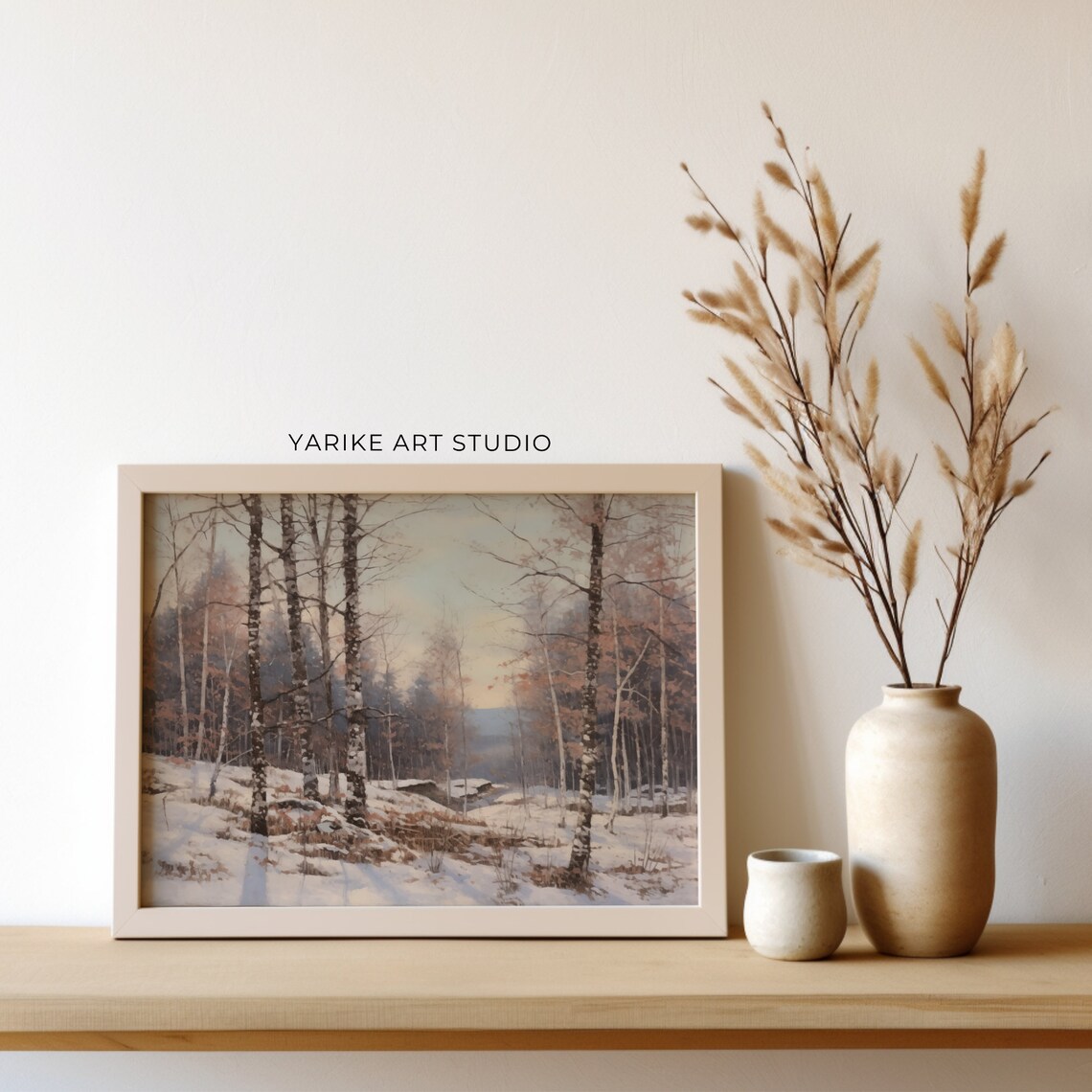 Snowy Birch Forest Winter Woodland Landscape Painting Poster