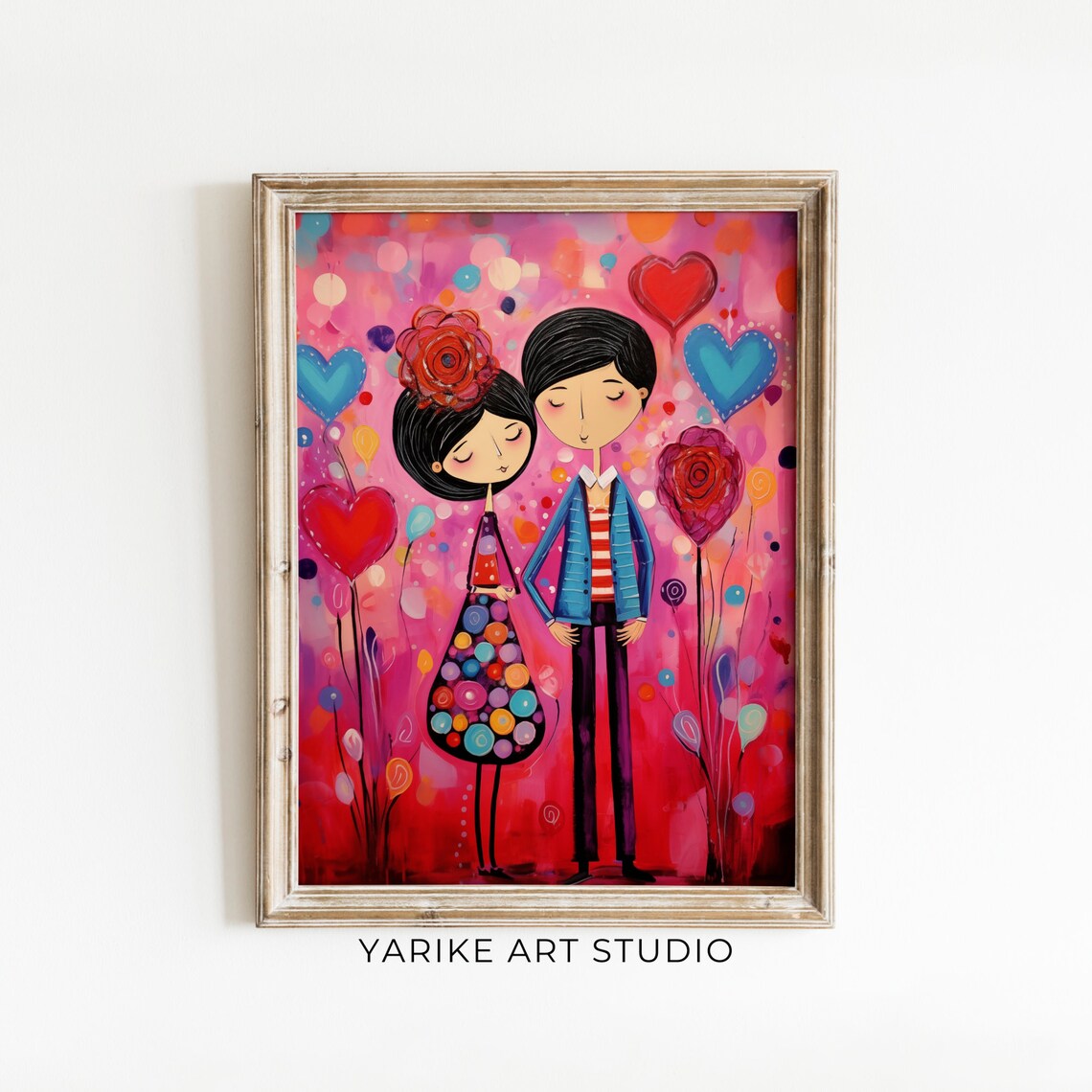 Cartoon Folk Art Couple In Love Hearts Romantic Valentine Poster - Image 6