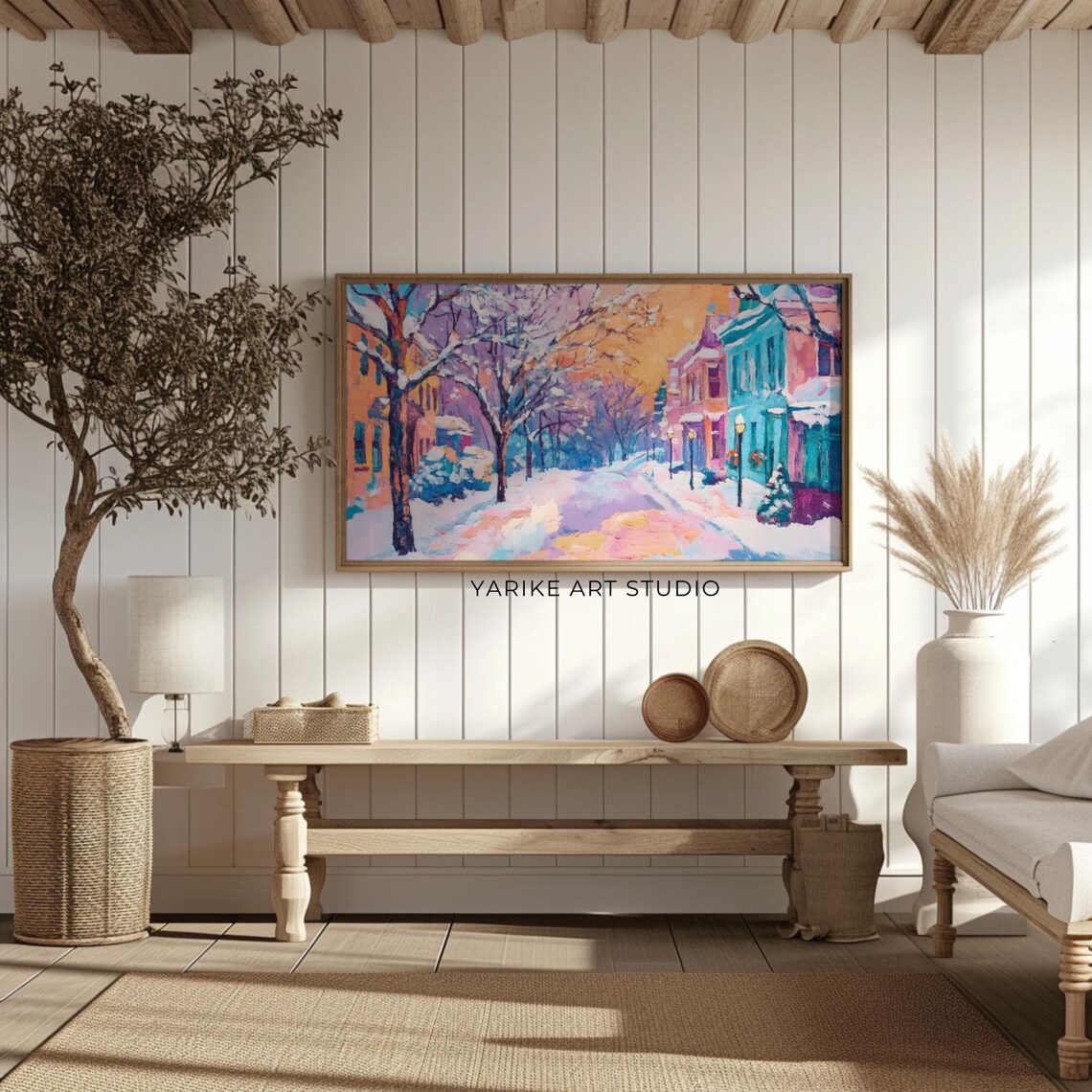 Colorful Snowy Town Street Winter Village Painting Christmas Poster - Image 2