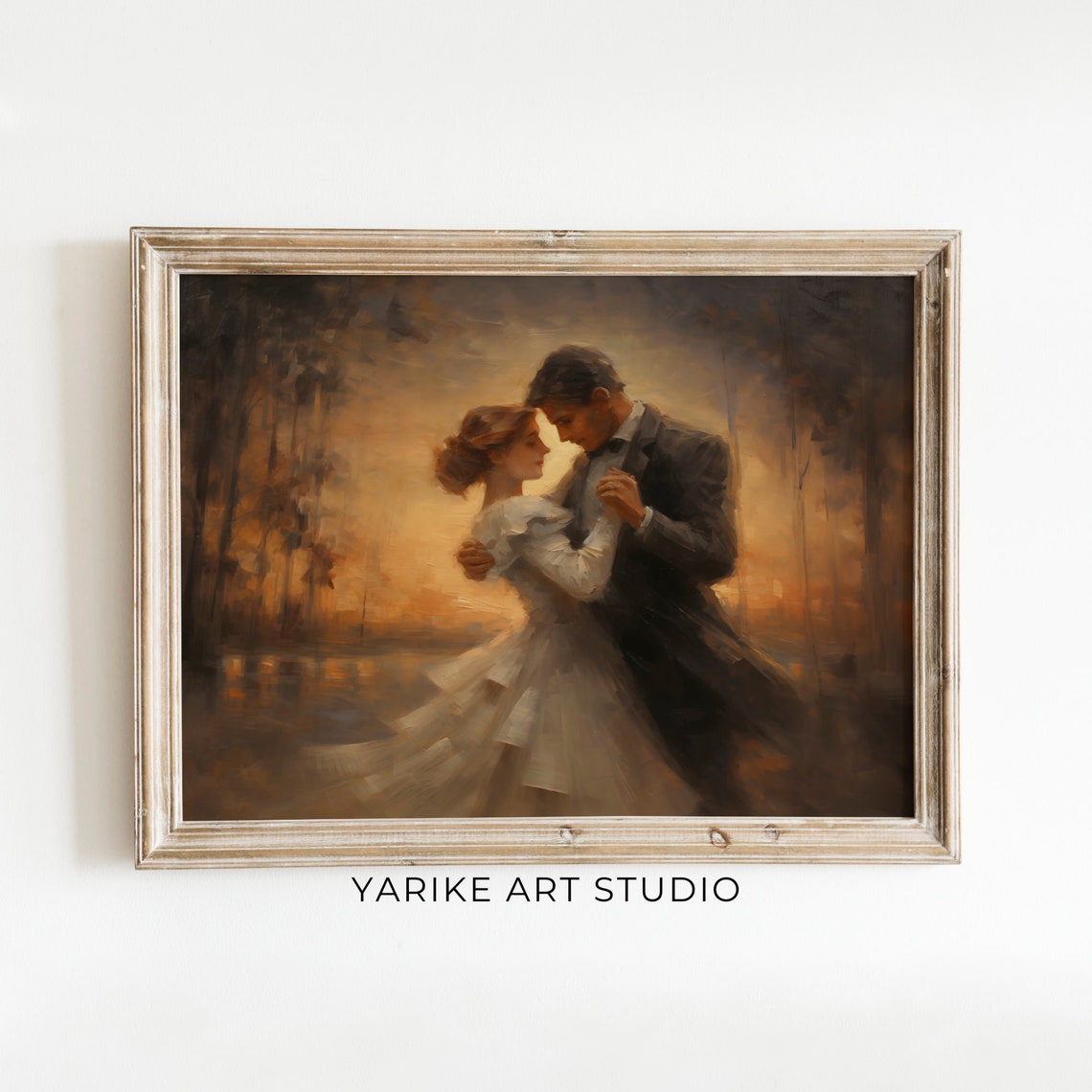 Couple Dancing at Golden Sunset Romantic Evening Painting Poster