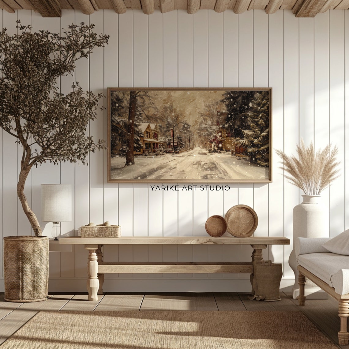 Vintage Winter Town Night Frame Tv Art Christmas Frame Tv Screensaver Warm Tone Holiday Winter Village Landscape Painting 83 Tv - Image 2