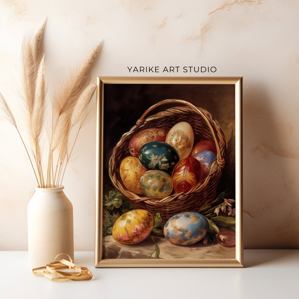 Basket Of Painted Easter Eggs Vintage Still Life Spring Poster