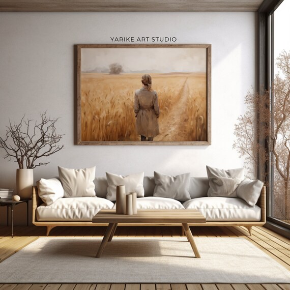 Woman Walking Away in Golden Wheat Field Harvest Landscape Poster