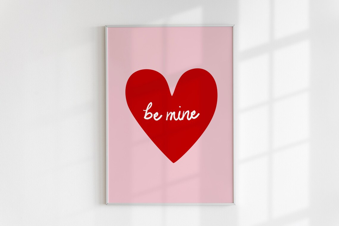 Be Mine Red Heart Valentine Quote Pink Minimalist Romantic Wall Art