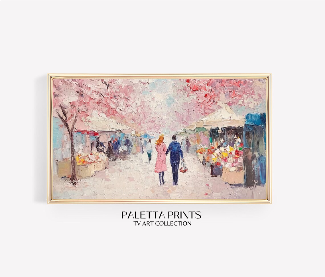Spring Flower Market Couple Cherry Blossom Street Scene Art Poster