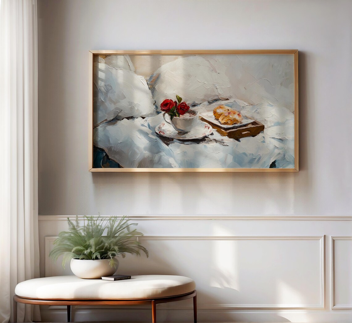 Romantic Breakfast in Bed Red Roses Croissant Still Life Poster - Image 2