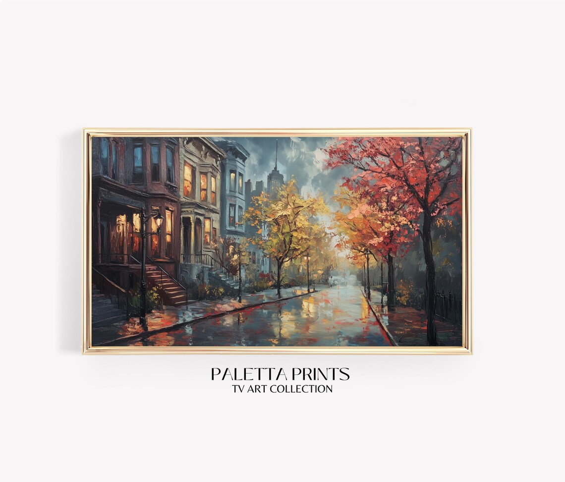 Rainy Autumn City Street Brownstones Glowing Windows Cityscape Poster