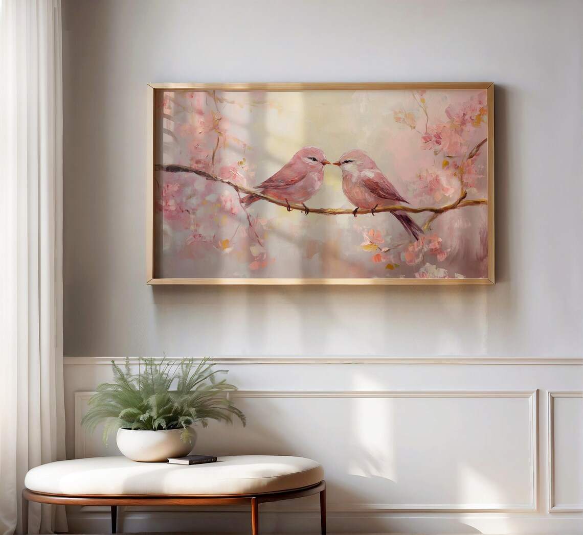Pink Lovebirds Cherry Blossom Branch Spring Romance Art Poster - Image 2