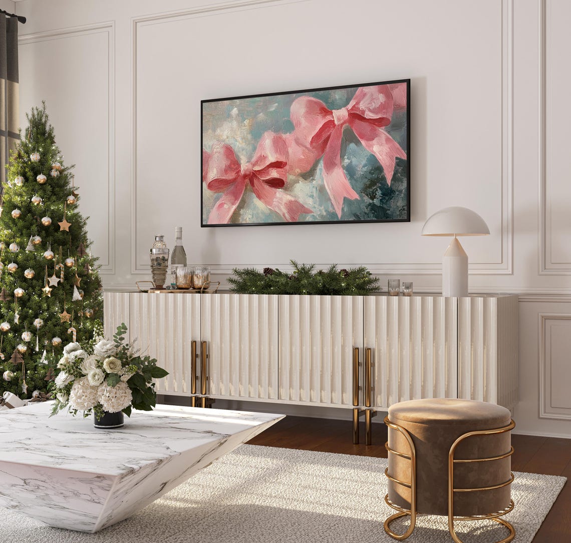 Pink Ribbon Bows Coquette Christmas Impasto Painting Art Poster - Image 3