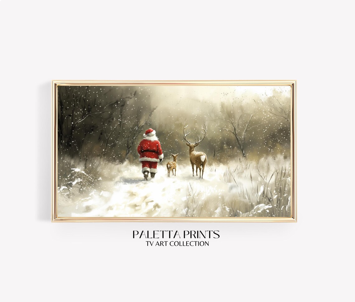Santa Claus Reindeer Snowy Forest Walk Vintage Christmas Scene Poster