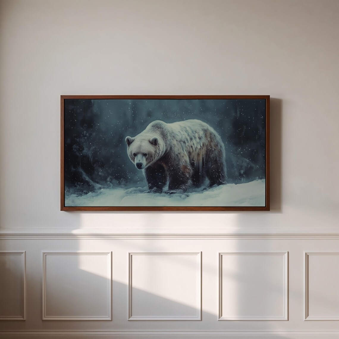 Majestic Bear Walking In Winter Snowstorm Dark Forest Wildlife Painting Art Poster - Image 3