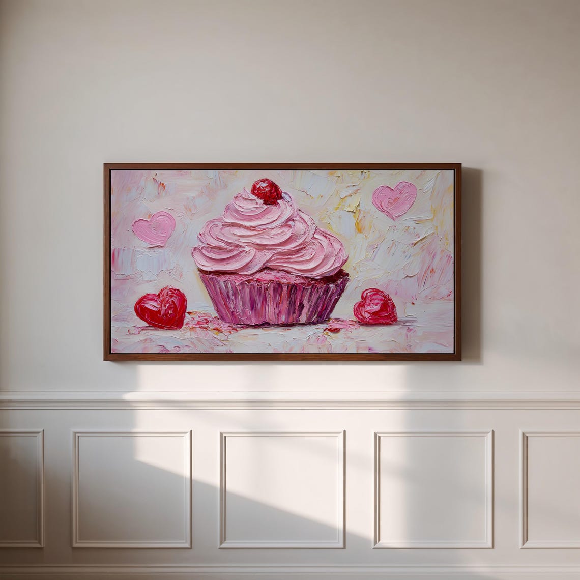 Pink Cupcake With Cherry Red Hearts Impasto Dessert Art Poster - Image 3