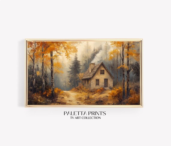 Frame Tv Rustic Cottage In Fall Art Art For Frame Tvs Cozy Forest Scene Tv Art Rustic Vintage Tv Art Paletta Prints