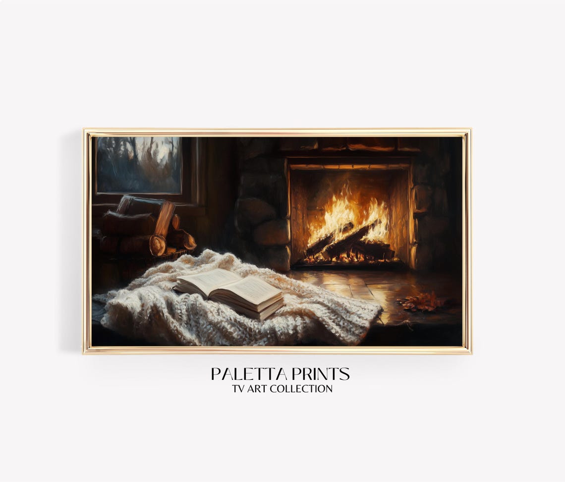 Brick Fireplace Night Open Book Knit Blanket Cozy Winter Art Poster