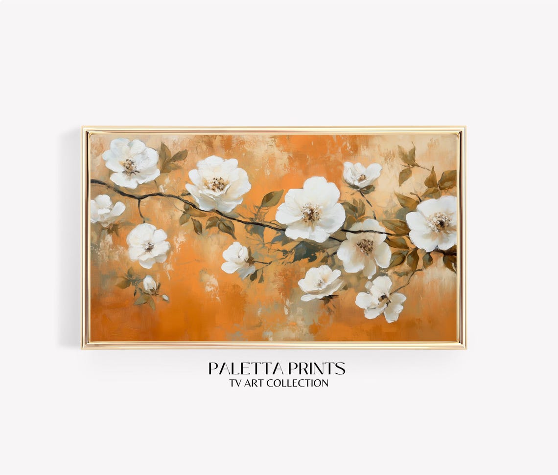 White Blossoms On Branch Textured Orange Vintage Floral Art Poster