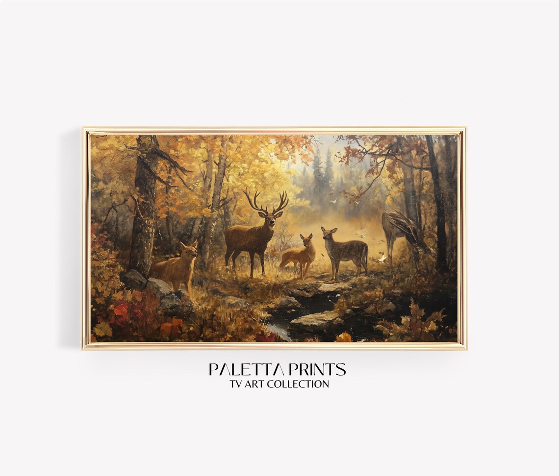 Autumn Forest Deer Herd Stag Golden Fall Woodland Scene Wall Art