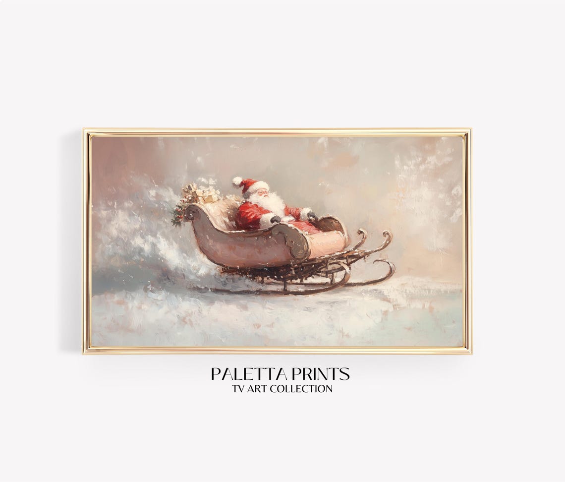 Santas Sleigh Ride Vintage Christmas Snowy Night Scene Wall Art