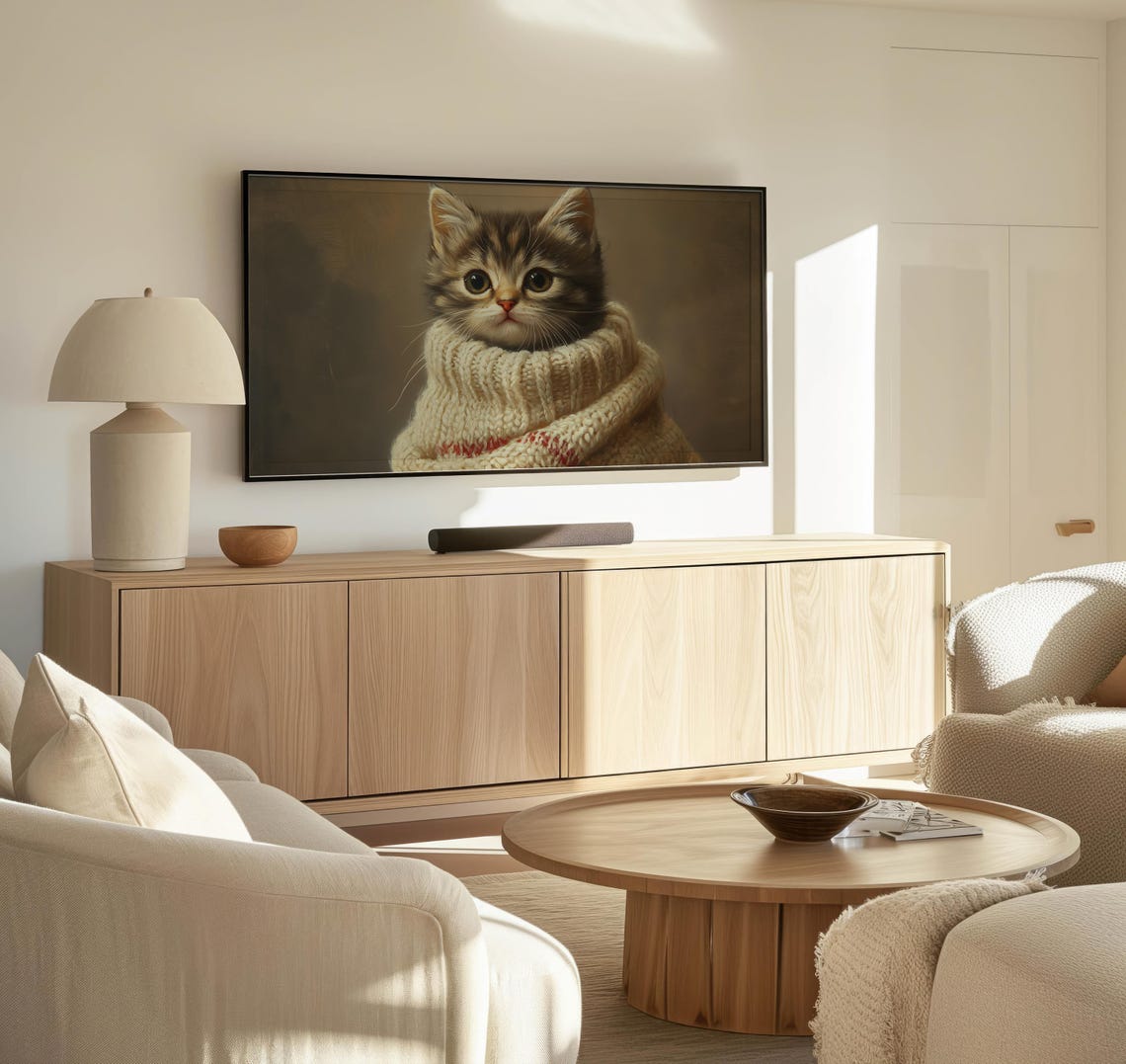 Tabby Kitten in Knit Sweater Big Eyes Cute Cat Art Wall Poster - Image 3