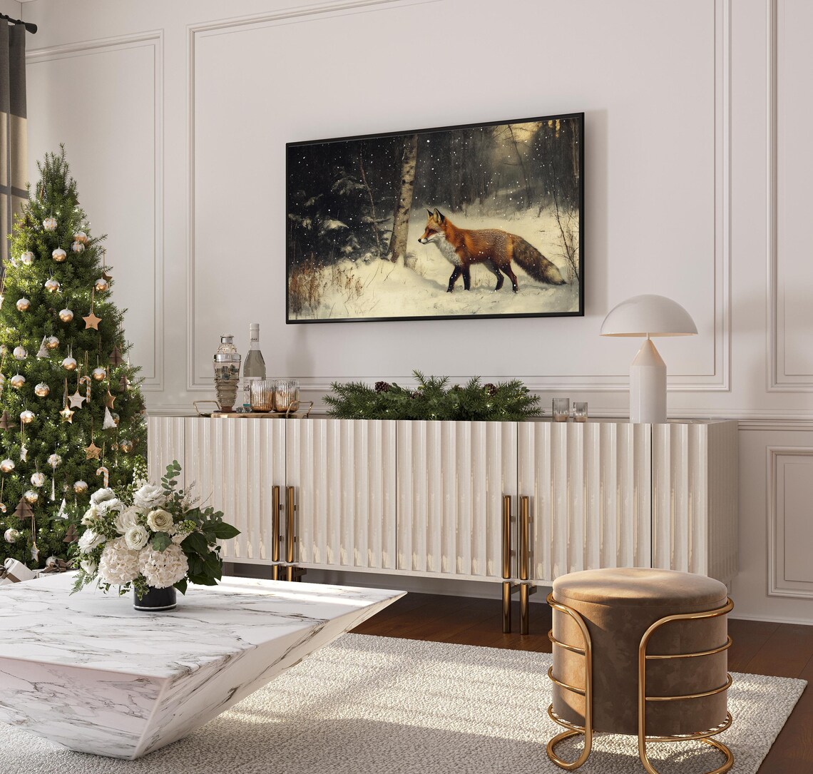 Red Fox Snowy Night Birch Forest Winter Wildlife Painting Tv Poster - Image 3