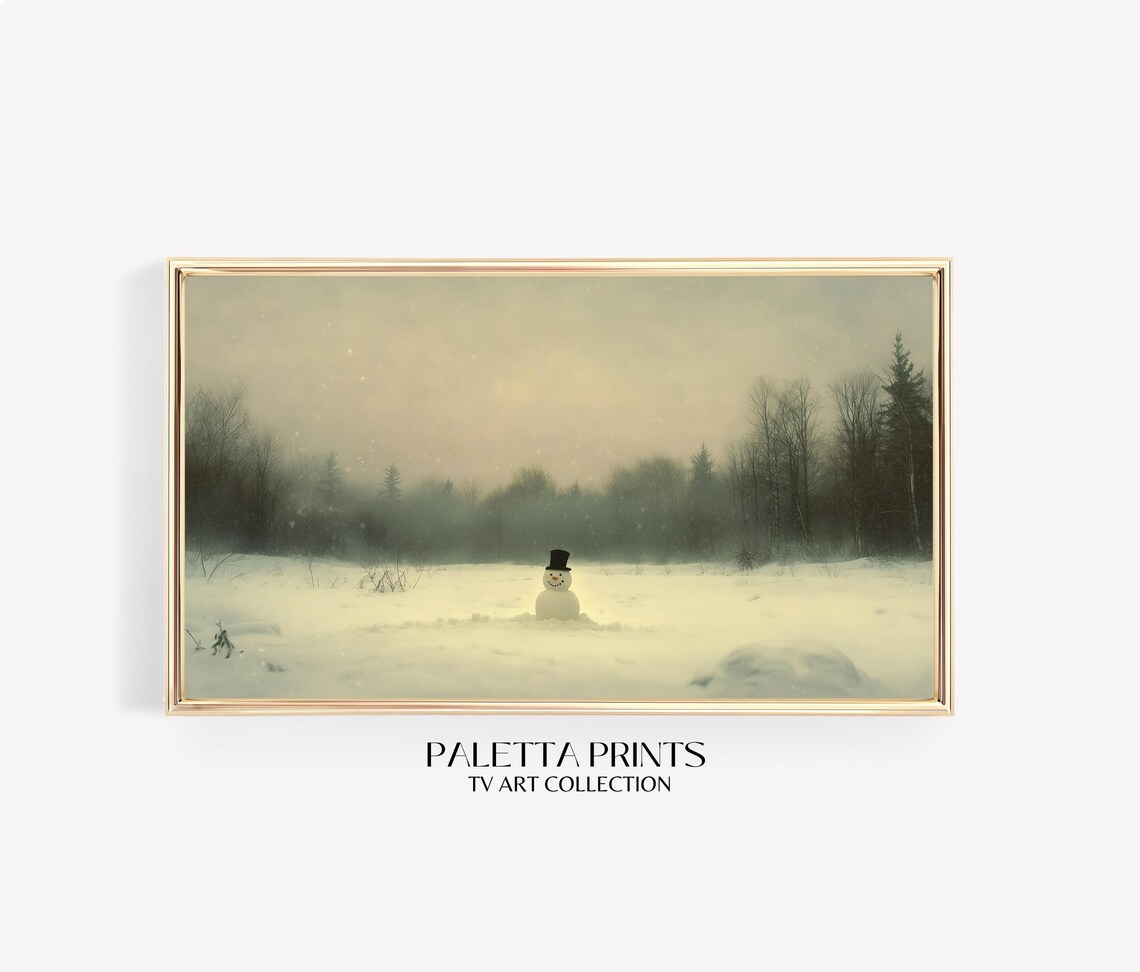 Minimalist Snowman Foggy Winter Field Serene Neutral Landscape Poster