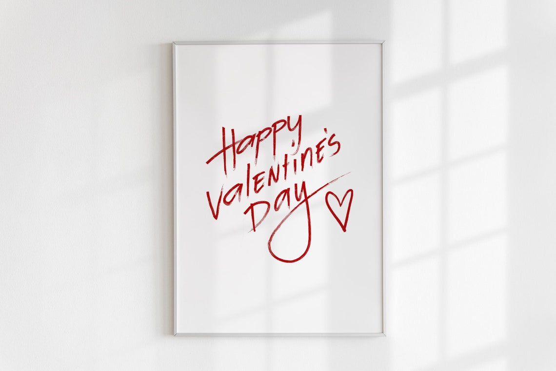 Happy Valentines Day Red Script Heart Sign Holiday Wall Art Print