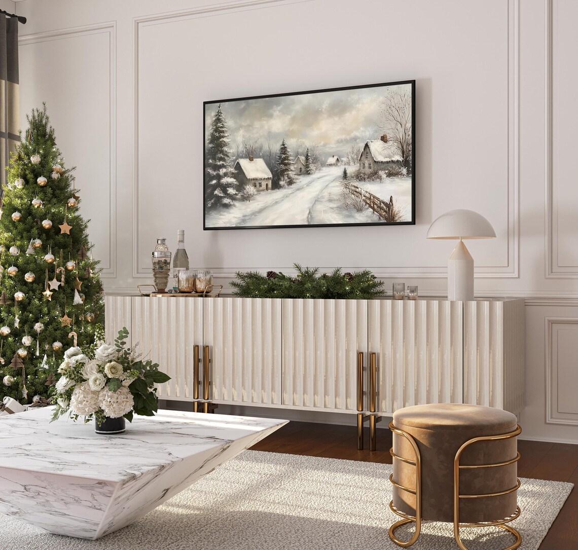 Snowy Village Road With Cottages Vintage Winter Landscape Art Poster - Image 3