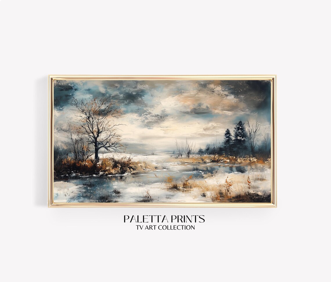 Serene Snowy River Landscape Moody Winter Nature Painting Art Poster