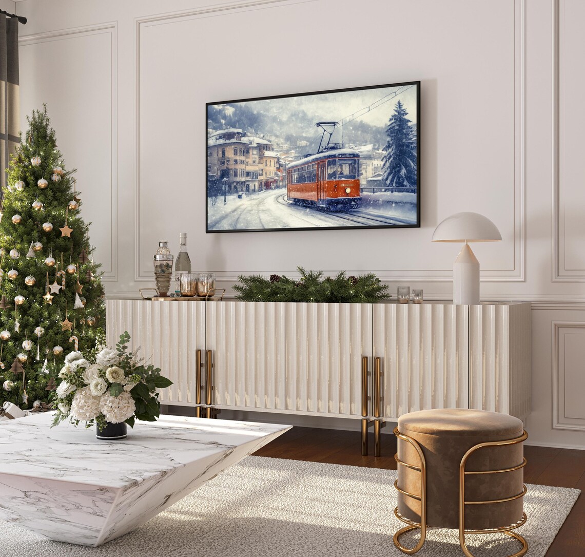 Vintage Red Tram Snowy European Town Winter Street Scene Tv Poster - Image 3