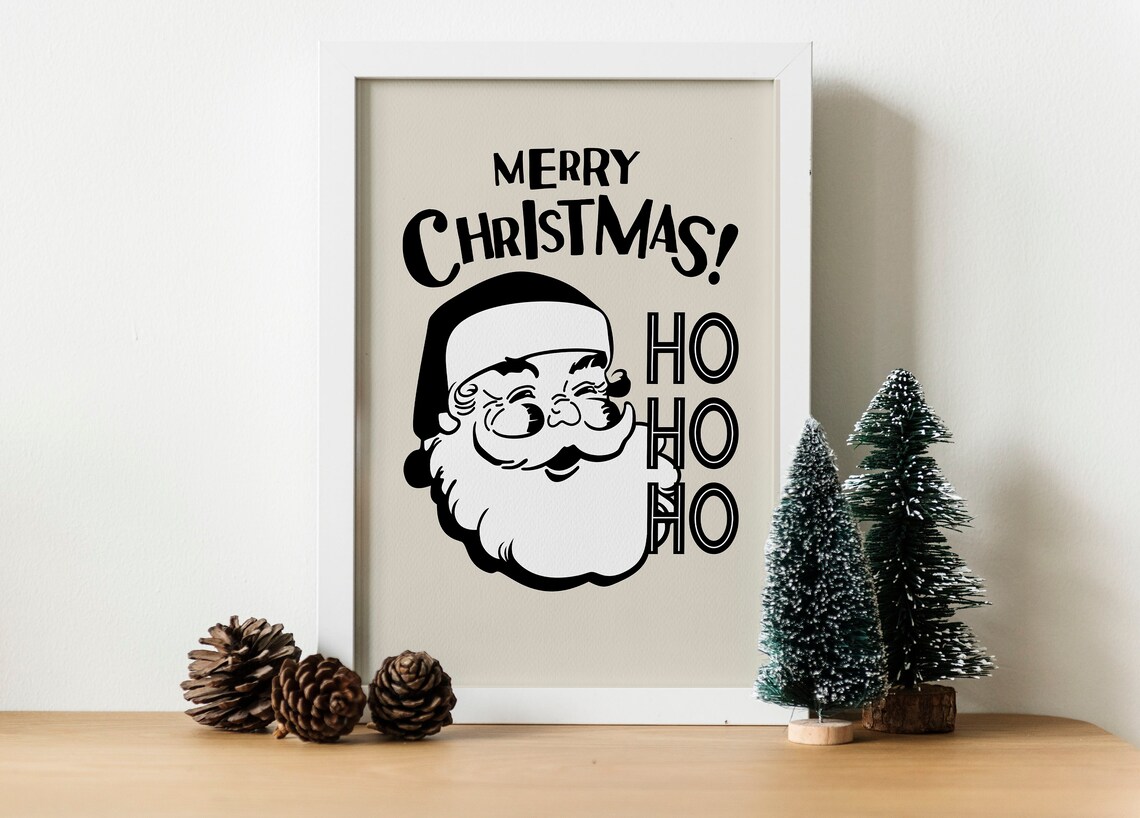 Retro Santa Claus Merry Christmas Ho Ho Ho Quote Beige Wall Art - Image 2