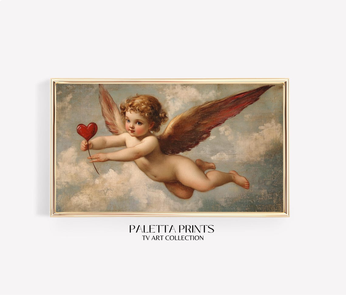 Cupid Flying Red Heart Through Clouds Vintage Romantic Art Poster