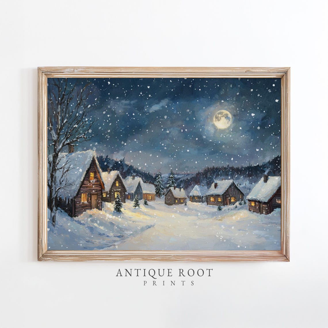Snowy Village Under Bright Moonlight Winter Night Scene Poster