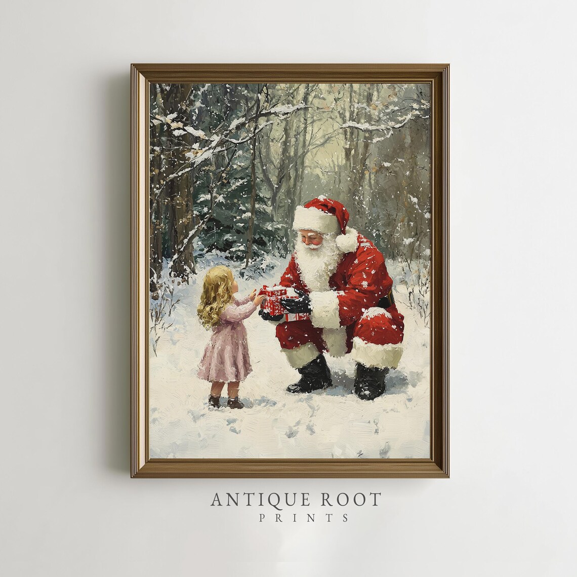 Santa Claus Giving a Gift to a Little Girl Vintage Christmas Poster