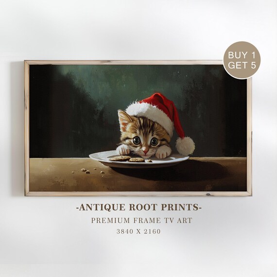 Cute Tabby Kitten Santa Hat Cookies Plate Vintage Christmas Frame TV Poster