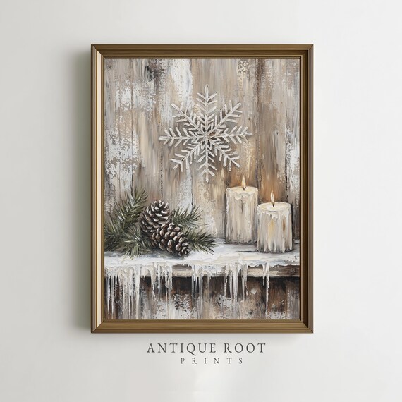 Rustic Candle And Pinecone Winter Art Print Cozy Farmhouse Wall Neutral Seasonal Home Decor Muted Textured