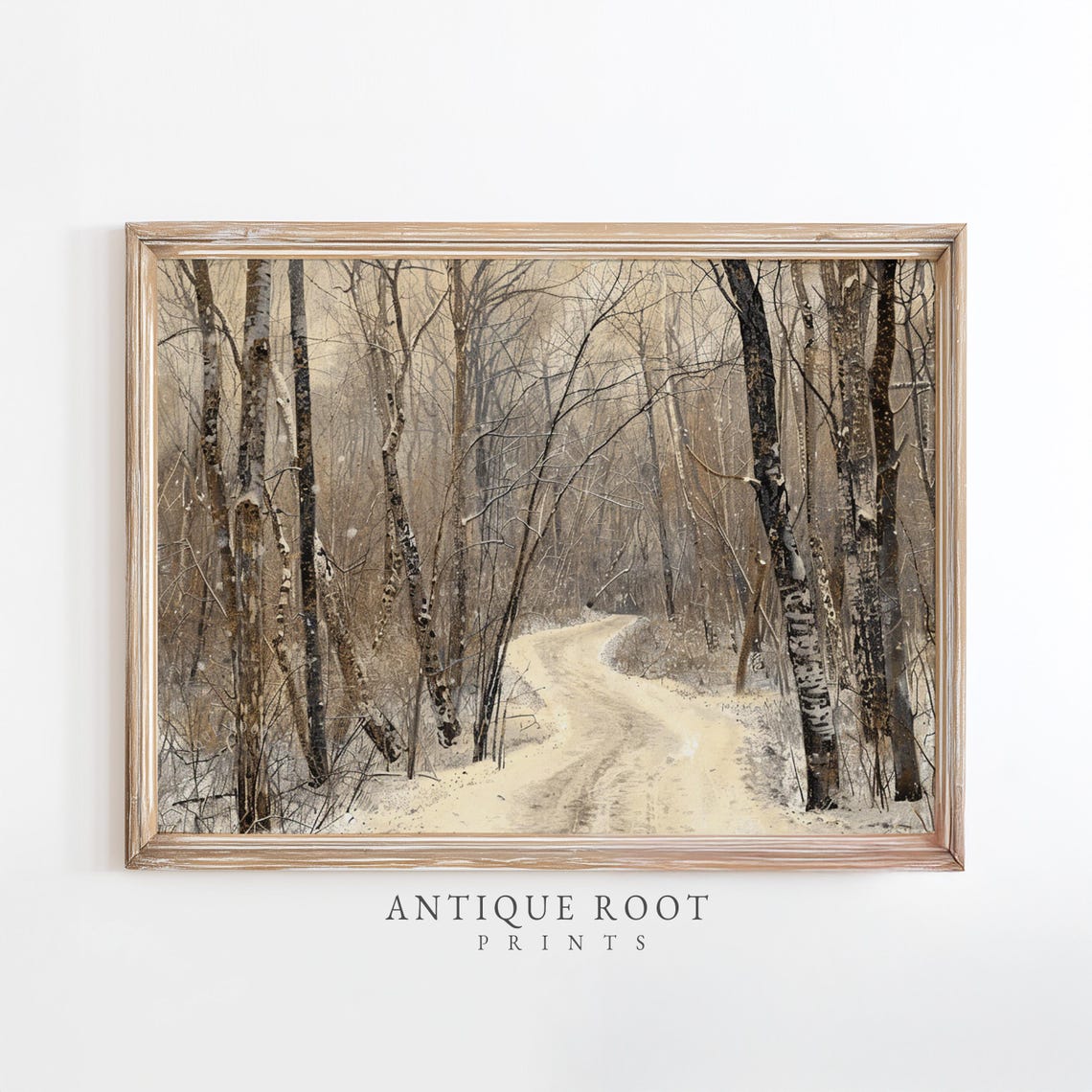 Snowy Birch Forest Path Moody Winter Landscape Neutral Painting Print