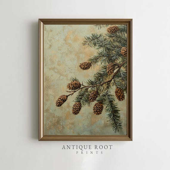 Rustic Pine Branch Wall Art Vintage Still Life With Cones Cozy Farmhouse Decor Soft Earthy Tones 239
