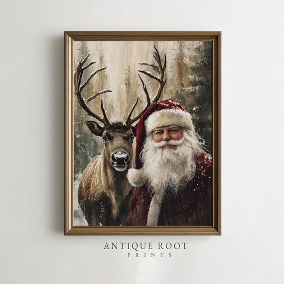 Santa Claus With Reindeer Vintage Christmas Festive Painting Poster
