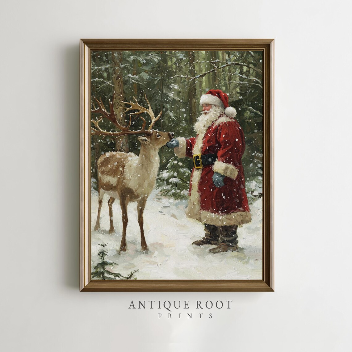 Santa Feeding Reindeer In Snowy Forest Poster Vintage Christmas Scene