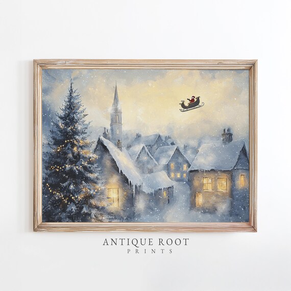 Christmas Village Santa Sleigh Snowy Night Winter Painting Poster
