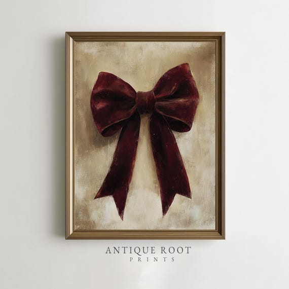 Large Burgundy Holiday Bow Art Festive Traditional Painting Vintage Red Ribbon Decor Minimalist Wall Instant