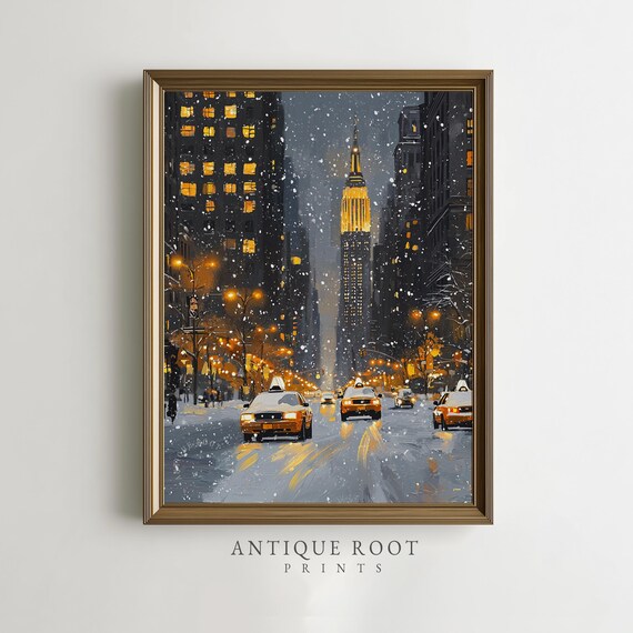 Snowy New York City Street Urban Winter Wall Art Impressionist Cityscape With Yellow Taxis Cozy Festive Decor 199