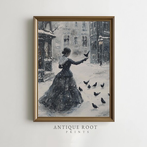 Vintage Winter Wall Art Victorian Woman In Snow Moody Antique Painting Gothic Atmosphere Artwork 256