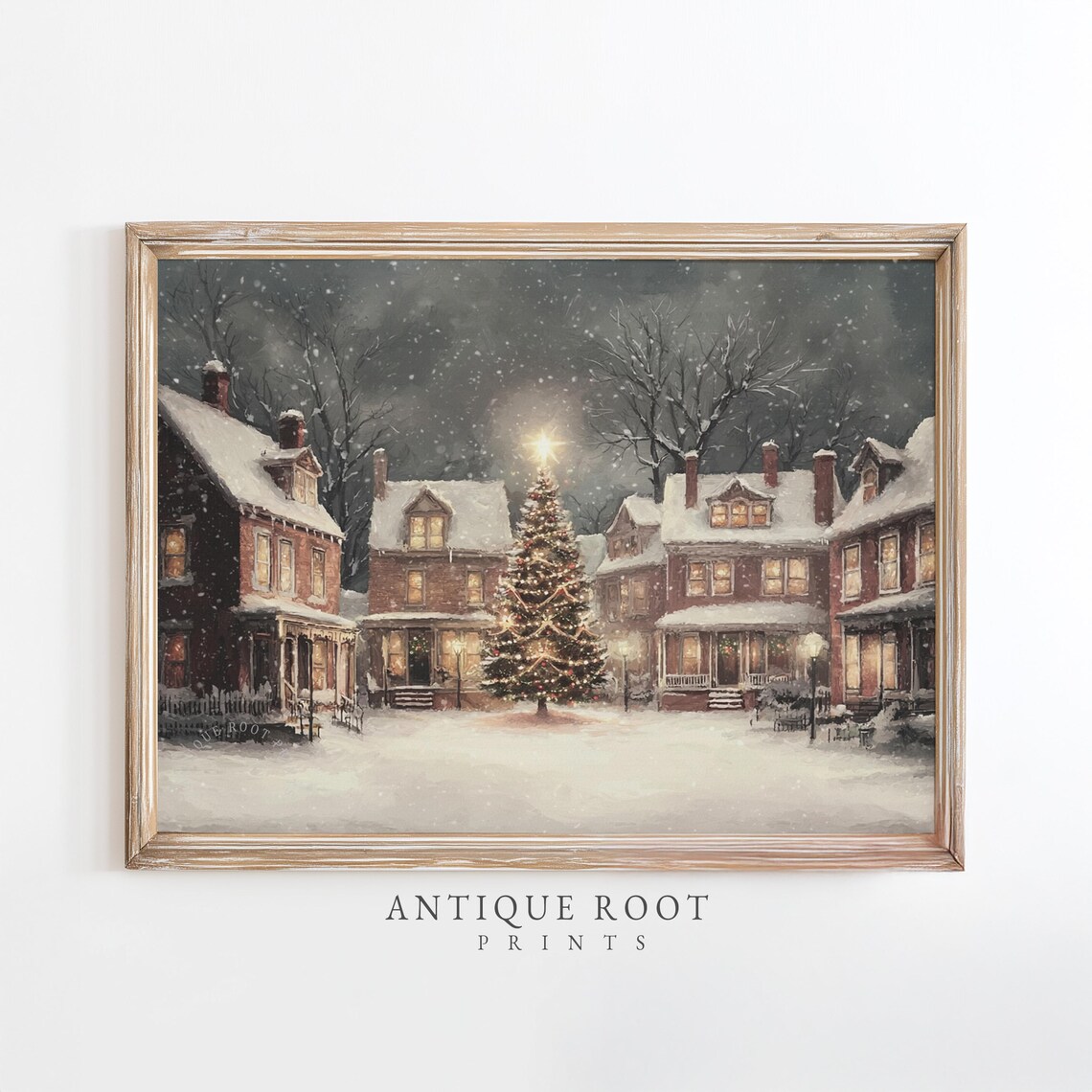 Vintage Snowy Village Street Christmas Tree Holiday Scene Poster