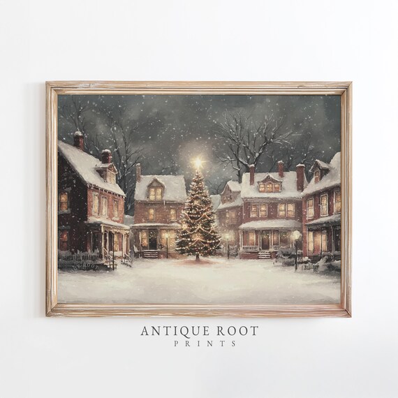 Vintage Snowy Village Street Christmas Tree Holiday Scene Poster