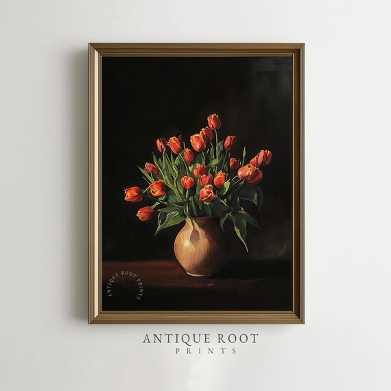 Vintage Red Orange Tulips in Clay Vase Dark Moody Floral Poster