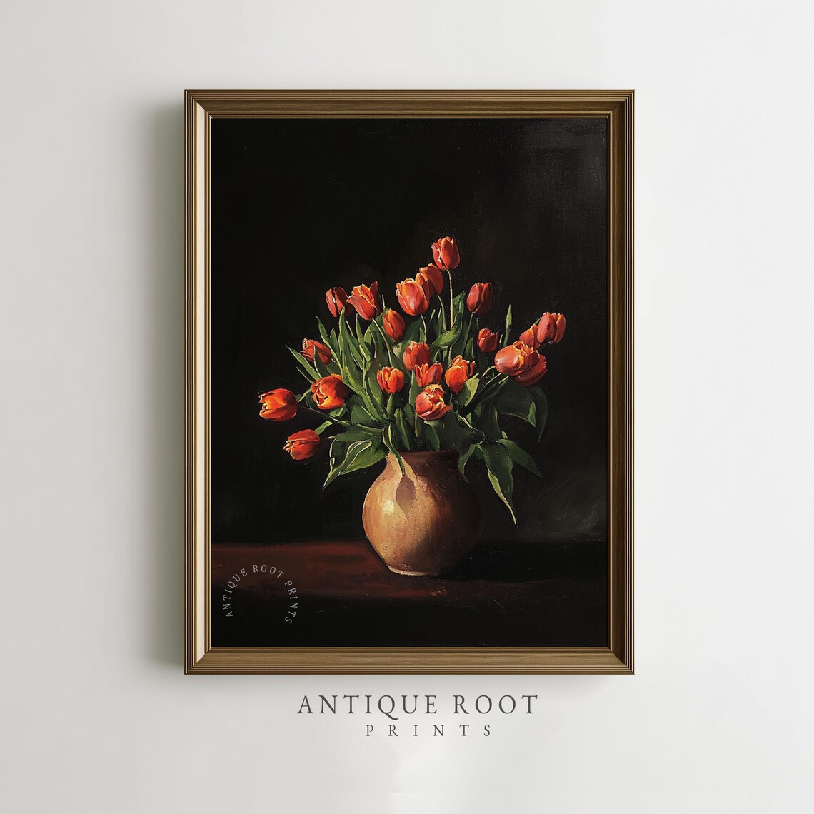 Vintage Red Orange Tulips in Clay Vase Dark Moody Floral Poster